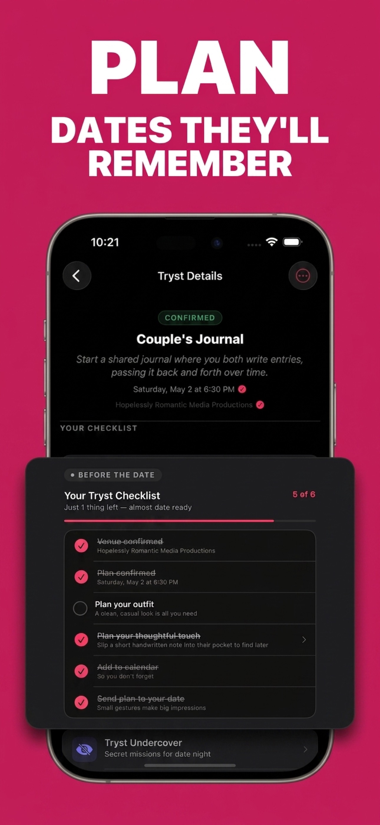 A date plan with a checklist in the Tryst app